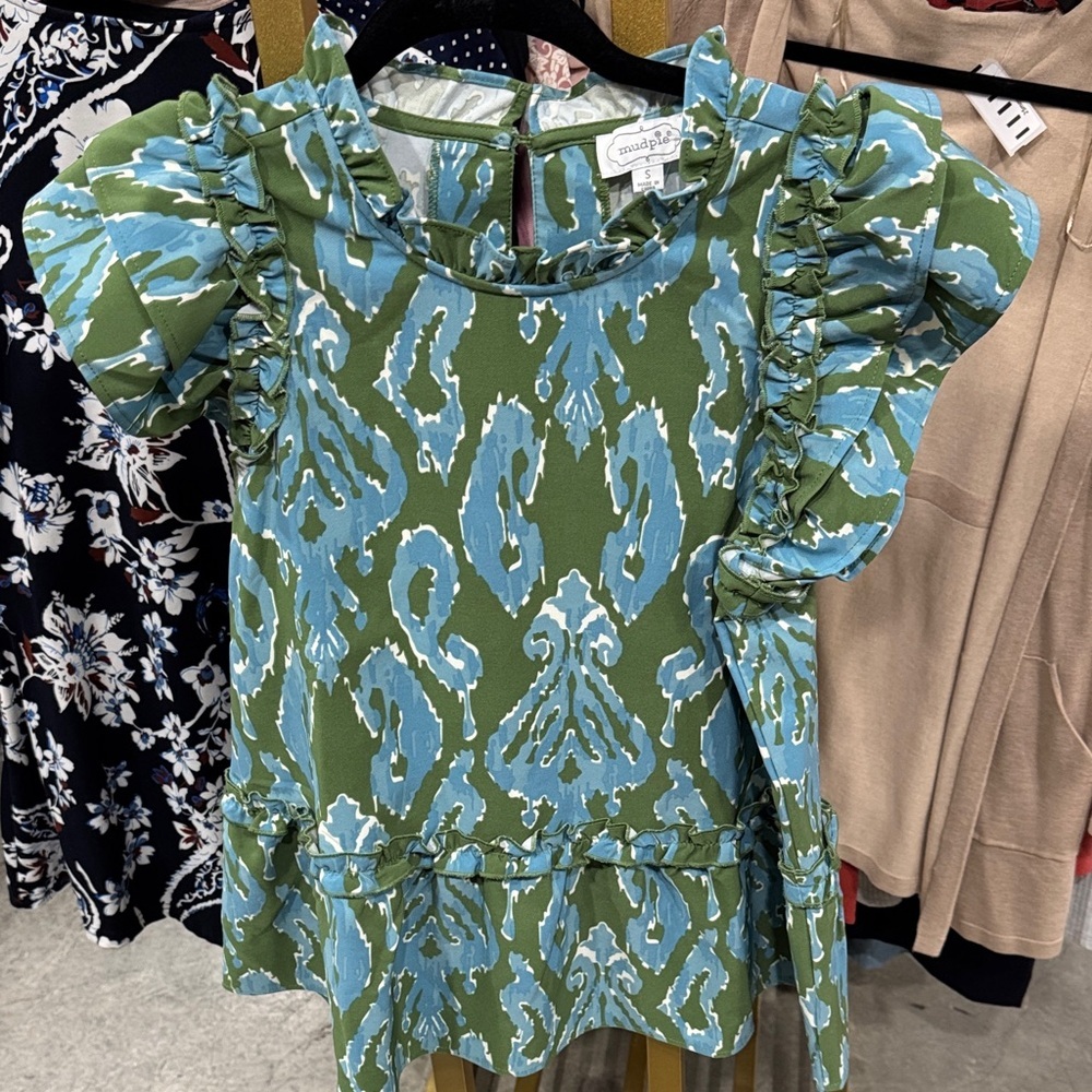 Mud Pie Green and Blue Ruffle Blouse
